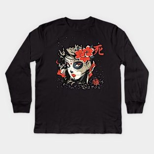 Asian Sugar Skull Red Roses Tattoo Style Kids Long Sleeve T-Shirt